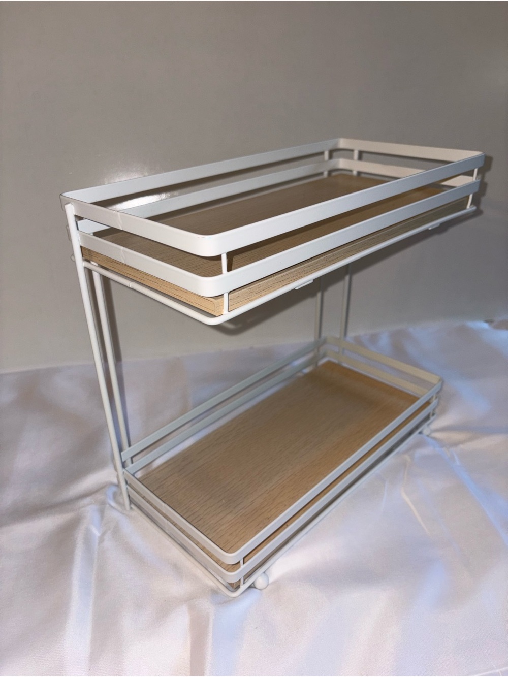 White 2-Tier Metal Countertop Organizer with Oak Wood Panels NWOT